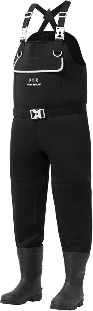 BASSDASH Mens Neoprene Waders Black Reeds Camo for Fishing Hunting with Rubber Boots Foot Waterproof Chest Waders