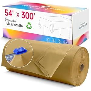 Plastic Table Cloth Disposable, 54In X 300Feet Table Cover Roll, Disposable Tablecloth with Slide Cutter for Rectangle Round Tables, Party Tablecloths for Birthday, Wedding, Picnic, Party (Gold)