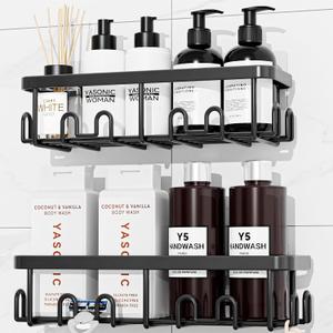 YASONIC Adhesive Shower Caddy, 2 Pack Black Shower Shelves for Inside Shower, Rustproof Shower Organizer with Soap and Toothbrush Holder, No Drilling Shower Storage for Bathroom/Kitchen