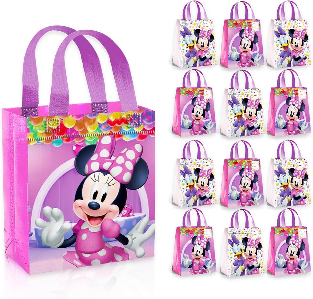 Minnie Mouse Party Favor Bag Set 12 Pack of 8" Minnie Mouse Party Goodie Bags for Kids Bulk Reusable Mini Totes | Disney Birthday Party Supplies