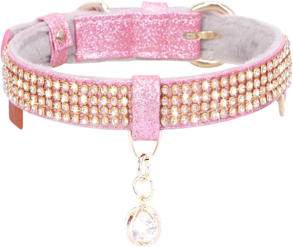 PetsHome Cat Collar, Dog Collar, [Bling Rhinestones] Premium PU Leather with Pendant Adjustable Collars for Big Cat and Small to Medium Dog Small Pink (Small (Pack of 1)