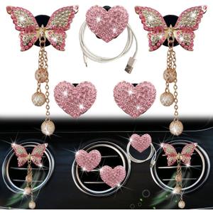 Pink Heart & Butterfly Air Vent Clips, 4 Pcs Bling Heart & Butterfly Air Fresheners Vents Clips Diamond Car Interior Decor Bling Cute Pink Car Accessories Decoration for Women + Heart Mask Hook