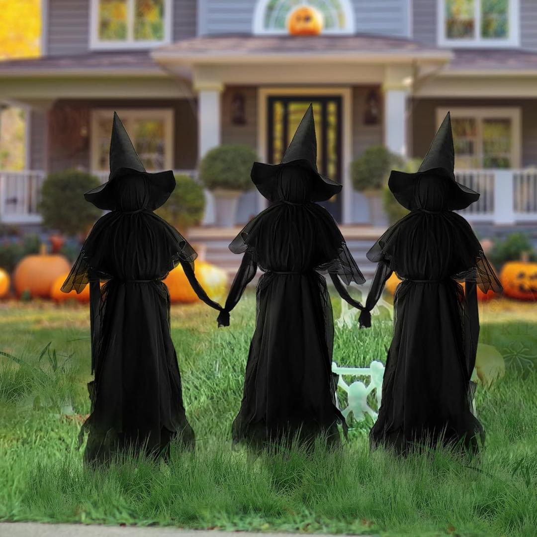 Halloween Decorations Outdoor - 3 Witches Holding Hands, Lighted Halloween Witches Garden Stake, Sound-Activated Sensor, Halloween Witches Decorations for Home Outside Yard Lawn Garden