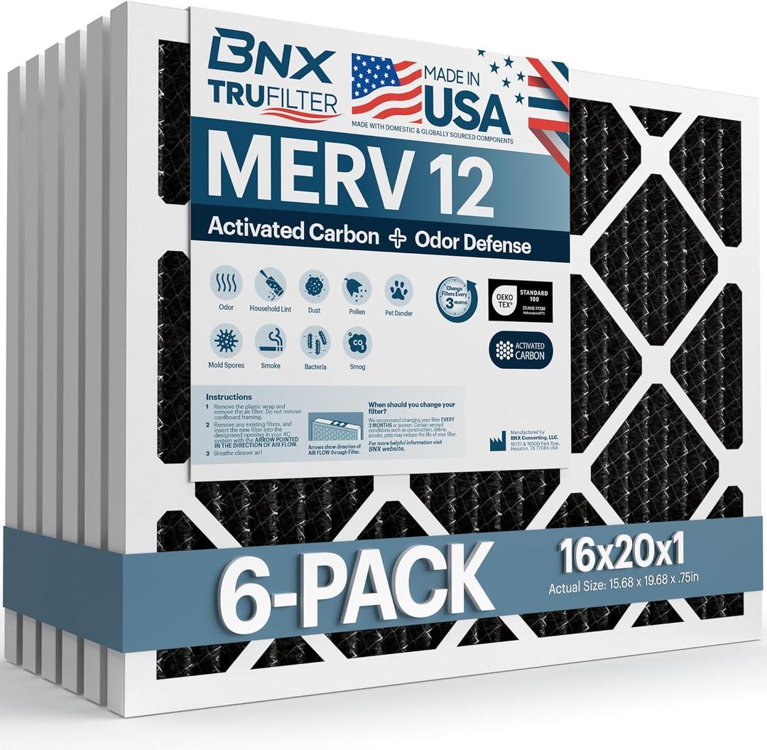 BNX TruFilter 16x20x1 MERV 12 Odor Defense (6-Pack) AC Furnace Air Filter with Activated Carbon - MADE IN USA - Pleated Air Conditioner HVAC AC Furnace Filters - Removes Odor, Mold, Bacteria, Smoke