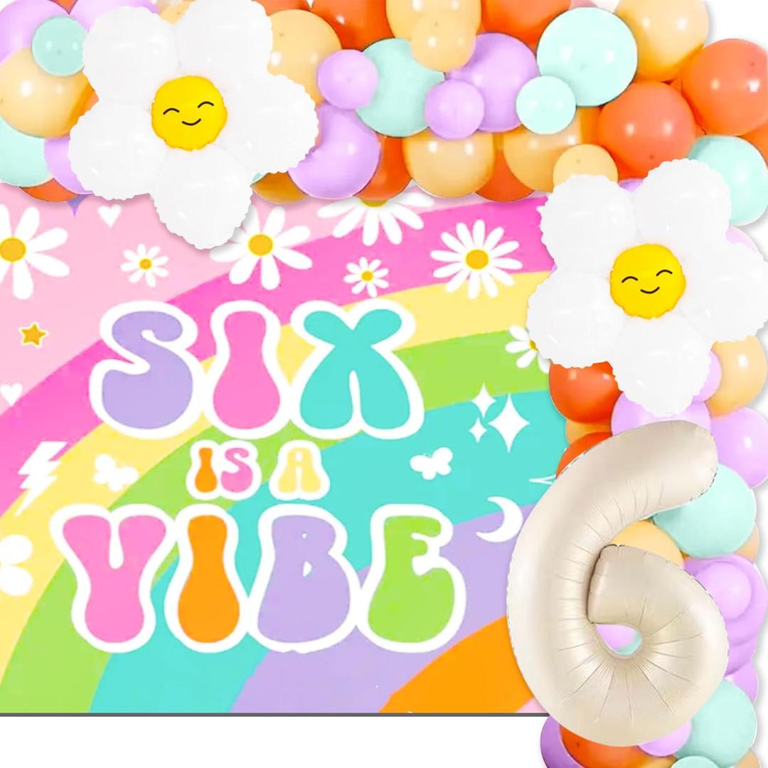 JeVenis Six Is A Vibe Birthday Party Decorations Backdrop Balloon Rainbow Daisy Balloons Hippie Retro 6 Years Old Birthday Decorations
