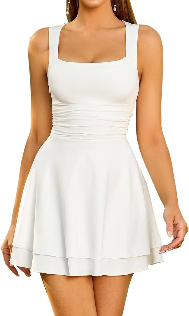 GLNEGE Women's Summer Graduation Short Dress Square Neck Casual Mini Ruffle Dresses Ruched Waist Flowy A-line Party Outfits (M)