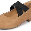 PANDANINJIA Girls Dress Shoes Ballet Flats Mary Jane Elastic Cross Strap Little Big Kid Low Heels Flower Girl Shoes (Brown Pu) US 5 BIG KID