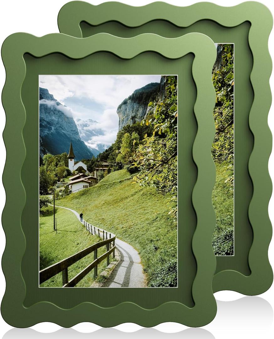 5x7 Wavy Picture Frame With Mat For 4x6, Wavy Edge Wooden Picture Frame with Real Glass - Wall Mount and Tabletop Display, Green, 2 Pack