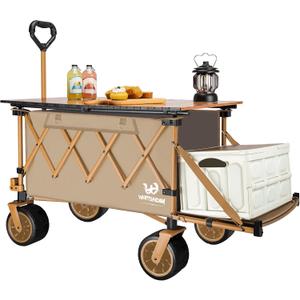 Whitsunday Collapsible Folding Wagon with Table,Heavy Duty Utility Beach Wagons with Opened Tailgate and All-Terrain Wheels for Camping,Garden,Sports Khaki