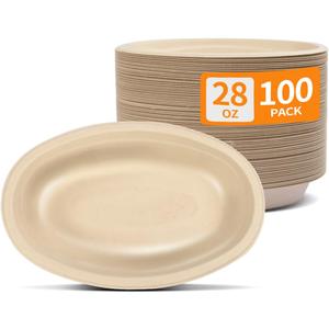Celel 100 Pack 28 oz Oval Paper Bowls, PFAS-Free Disposable Oval Bowls for Nacho, Burrito, Taco Salads and Baked Potato, Mexican Party and Taco Bar Supplies