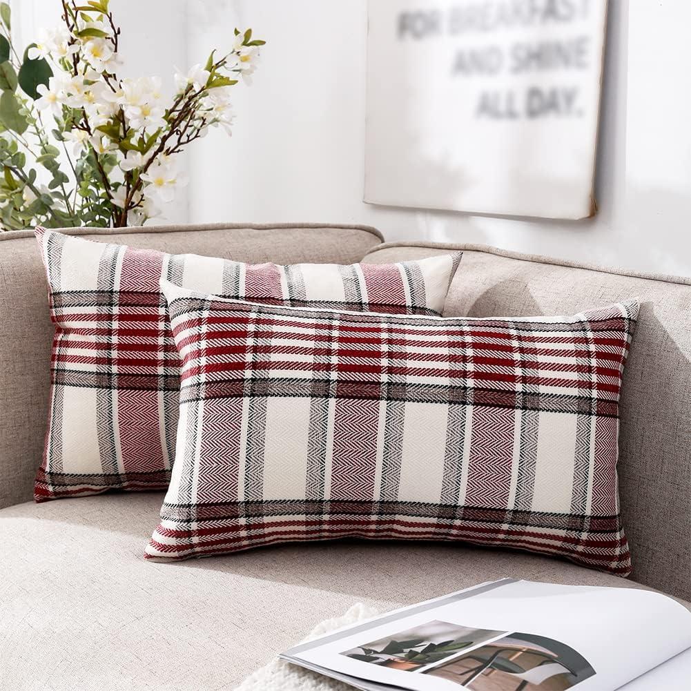 CARRIE HOME Red Tartan Plaid Christmas Lumbar Pillow Cover 12x20 Set of 2 Farmhouse Buffalo Plaid Red Striped Lumbar Throw Pillow Cover for Living Room Couch Sofa