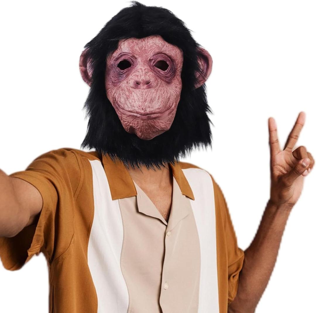 Monkey Head Mask with hair for Adult,Halloween Animal Latex Orang Mask for Cosplay Costume Party Prop