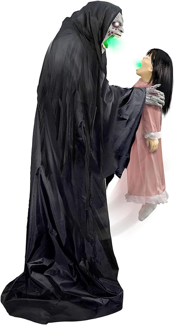 Haunted Hill Farm Soul Sucker Demon Reaper with Child by Tekky, Motion-Activated Talking Halloween Animatronic for Creepy Indoor or Covered Outdoor Halloween Decorations, Plug-in or Battery Operated
