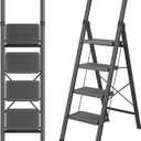 4 Step Ladder, DIAMONDFORGE Folding Step Stool with Wide Anti-Slip Pedal, Anti-Slip Feet and Handgrip, Sturdiest Steel Construction, Steel Ladder for Home, Black