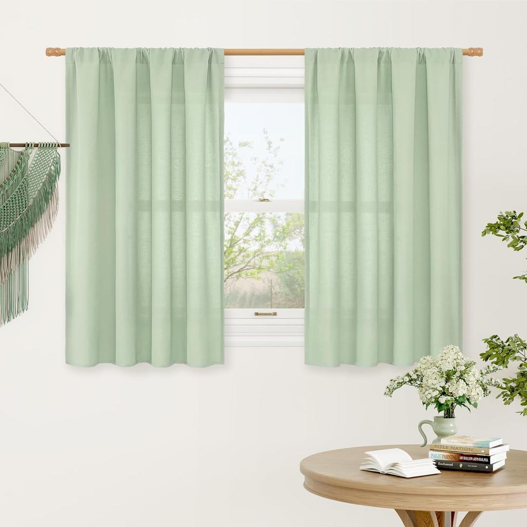 LAMIT 48 Inch Length Linen Curtains 2 Panels, Light Green Soft Faux Linen Light Filtering Panels Rod Pocket Boho Neutral Drapes for Short Windows/Cafe, 42 x 48 Inch