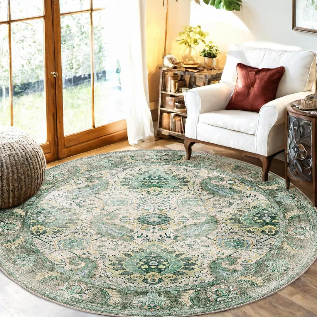 Boho 8ft Area Rugs Machine Washable Carpet Low Pile Non Shedding Doormat Soft Area Rugs for Living Room Bedroom Kitchen Dining Room Entryway Hallway Indoor-Green/Yellow