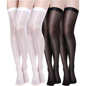Geyoga 4 Pairs Shiny Thigh High Stockings Shimmery Silk Sheer over the Knee Stockings for Women Halloween Cosplay ( One Size )