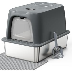 XL Enclosed Stainless Steel Cat Litter Box with Lid,Extra Large Cat Litter Pan for Big Cats & Multiple Cats,Metal Litter Box with Litter Scoop and Litter Mat,Anti-Leakage, Odor Free, Non-Sticky