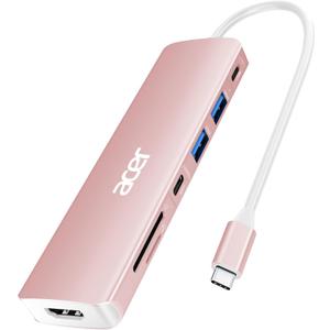 Acer USB C Hub, 7 in 1 USB-C to HDMI Multi-Port Adapter, 2 USBA 3.1 GEN1 and 5Gbps Type-C Data Port, 4K HDMI Port, PD 100W Charging, SD Card Reader for iPad Pro MacBook Pro Laptops and More(Pink)