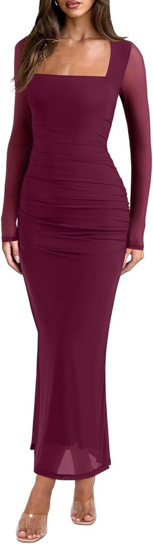 REORIA Long Sleeve Wedding Guest Maxi Dresses for Women Sheer Mesh Square Neck Ruched Bodycon Long Dress 2026 Spring Outfits, Large