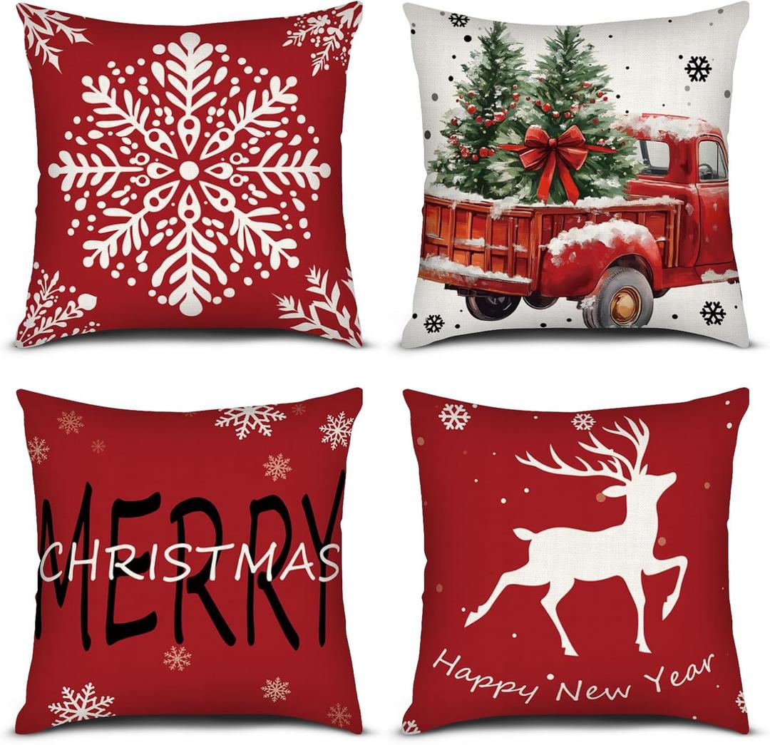 PICKFORU Red Christmas Throw Pillow Covers Set of 4, 18x18 Inch Square Pillow Covers, Deer Snowflakes Pickup Trucks Cushion Case for Sofa Living Room