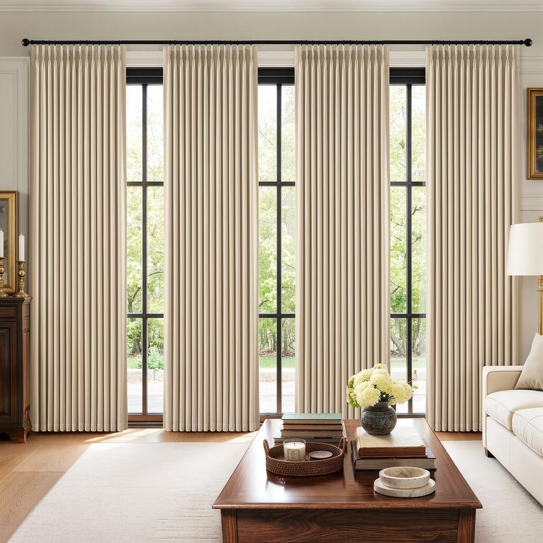 MIULEE Pinch Pleated 100% Blackout Curtains 108 Inch Long 4 Panel Set for Bedroom Thick Linen Memory Trained Pleat Living Room Darkening Back Tab Double Layer Thermal Insulated Drapes, Sand
