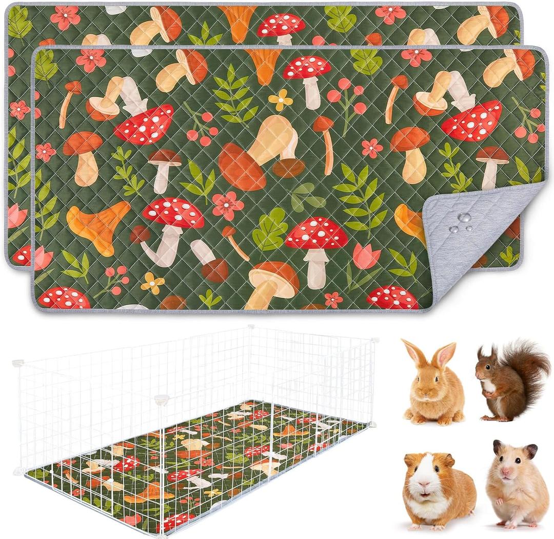 2 Pack Washable Guinea Pig Cage Liner, Reusable Guinea Pig Mat, Waterproof Super Absorbent Pee Pads for Small Animals (Mushrooms)