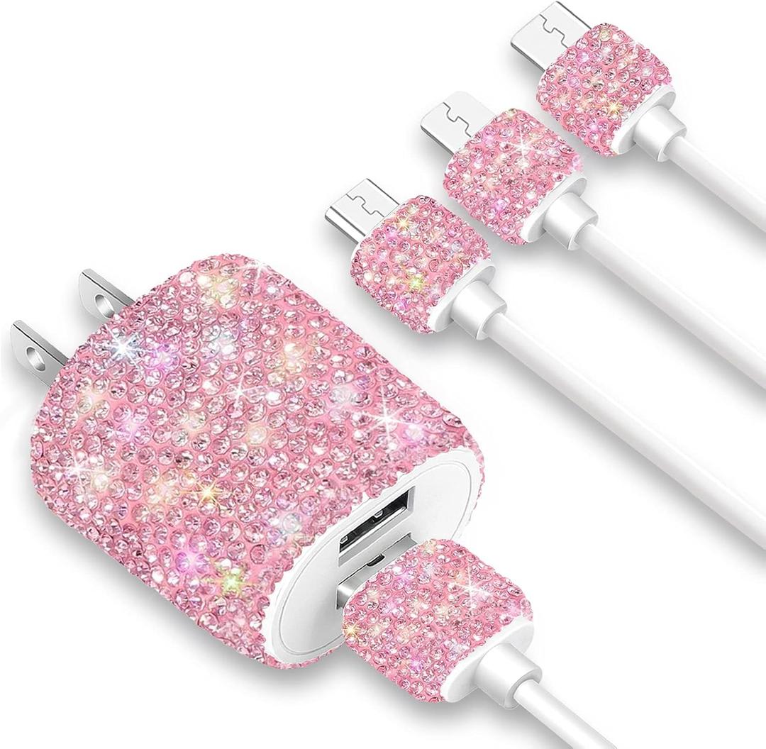 Bling USB Wall Charger with Charging Cable,Fast Block for iPhone Android,3 in 1 Multi Cable Micro USB Type C Multiple USB Cord with Crystal Decor,Cell Phone Accessories for Women,Girls (Pink)