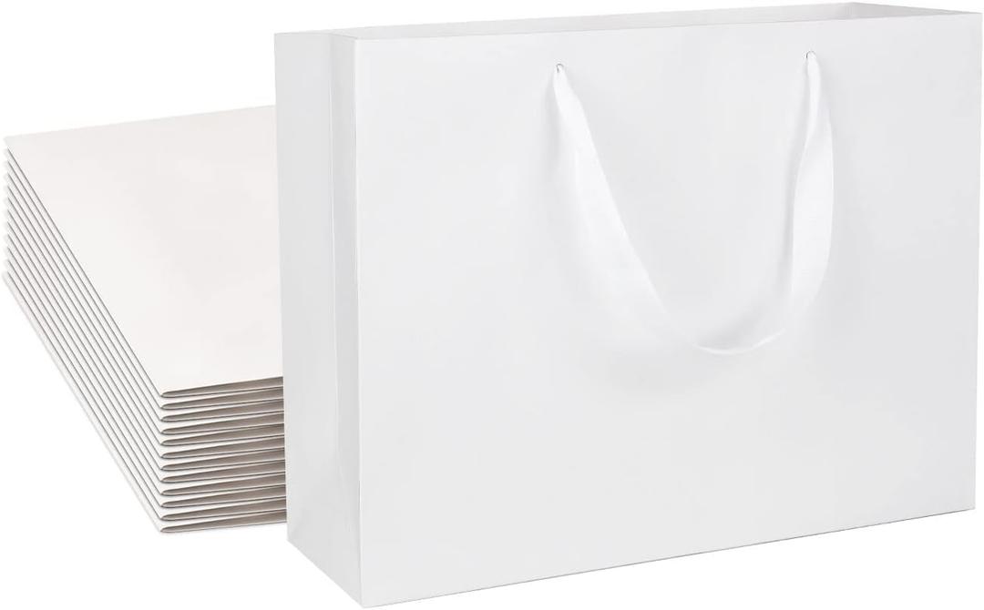 12 Kraft Gift Bags - Bulk Large Size 12.5x4.5x10 Inches, White Paper Shopping Bags with Ribbon Handles, Perfect for Parties, Weddings, Retail