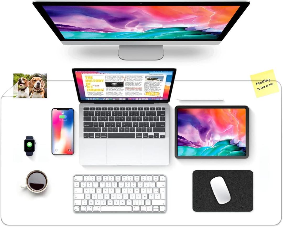 JanJunDec Clear Desk Pad Table Cover Protector on Top of Desks, 16x28 Inch Transparent Plastic Desk Mat Blotter for Laptop Computer Keyboard, Waterproof PVC Vinyl Desk Cover Writing Mat with Mouse Pad