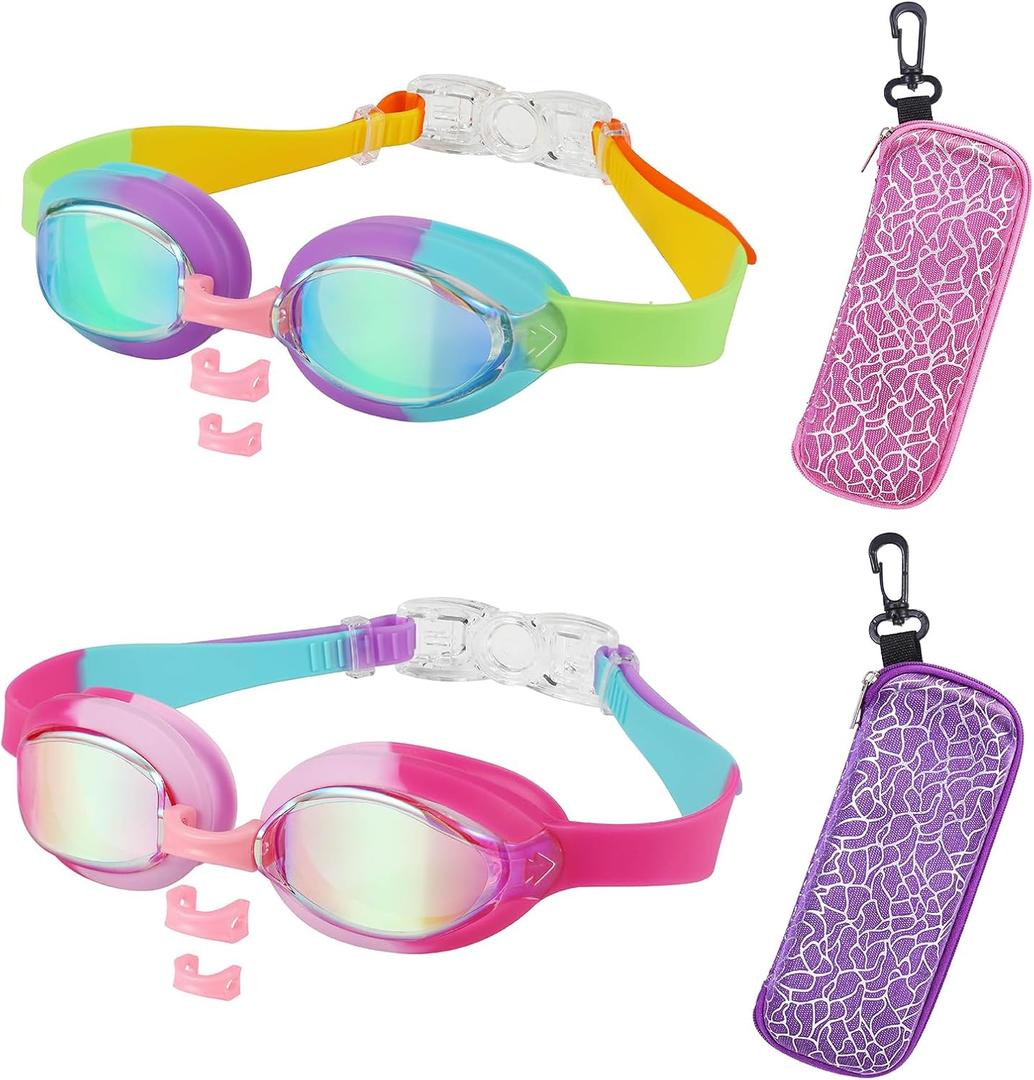 Kids Swim Goggles Age 3-14,2 Pack Swimming for Goggles Children/Boys/Girls with Case (2pk - Rainbow & Pink)