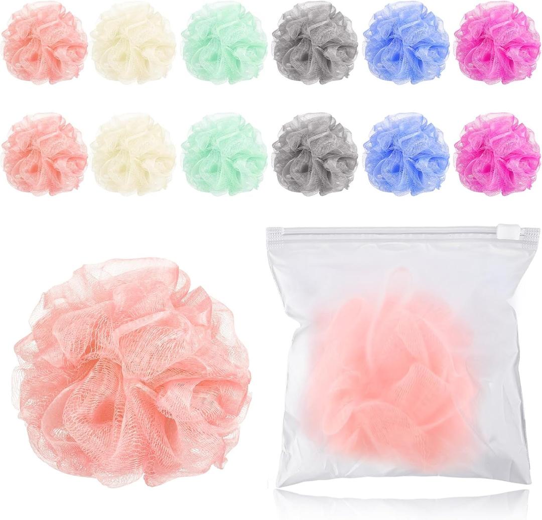 12 Pcs Travel Size Loofah Individually Wrapped, Small Shower Puff Bath Sponge Pouf Ball Bulk Mesh Bath Puff Mini Loofah Sponge with Case Bulk for Shower Care (25g,Colorful)