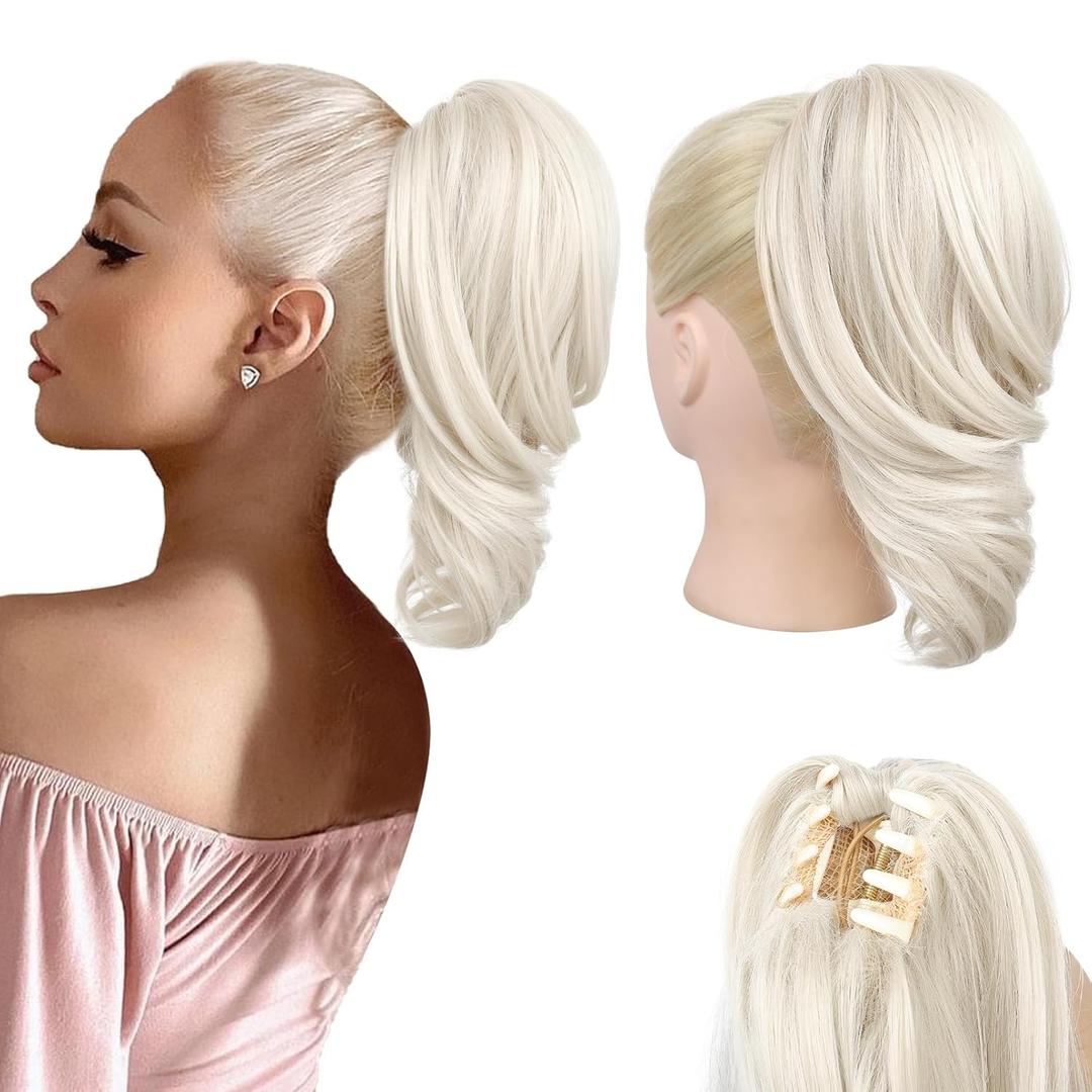 Ponytail Extension - 12" Claw Clip in Ponytail Hair Extensions Natural Soft Synthetic Natural Wave Pony Tail Hair Pieces for Women - Platinum Blonde