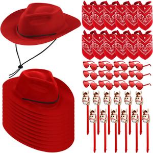 Xtinmee 48 Pcs Kids Cowboy Party Favor with Cowboy Hats Inflatable Stick Horses Bandanas Heart Glasses for Kid Costume(Red)