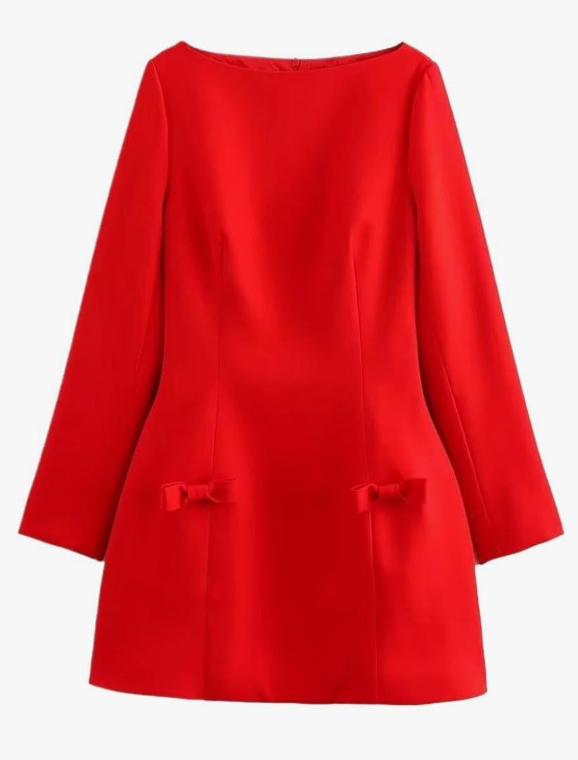 Women's French Style Slash Neck Bow Accent A Line Polyester Mini Dress with Back Zipper Medium