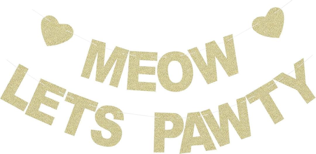 Meow Let's Pawty Banner - Pet Kitten's Birthday Party Backdrops - Pet Cats Party Gold Glitter Paper Photoprops
