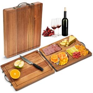Double Side Acacia Wood Serving Tray, Serving Platters and Trays, Charcuterie Boards Wooden Tray with Vintage Metal Handles, Wooden Cutting Boards for Kitchen, Trays for Serving Food Serving Platter