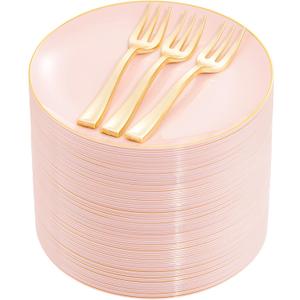 Festiva 200Pcs Pink Gold Cake Plates 6.3" with Forks 5"- Disposable Salad Plates-Pink Dessert Plates-Appetizer Plastic Plates - include 100Plates 100Forks for Party&Wedding&Easter&Mother's Day