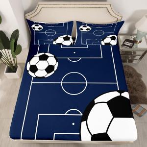 Football Fitted Sheet Queen Size,White Black Soccer Ball Field Mattress Cover with 2 Pillowcases,Gaming Sports Navy Blue Football Court Breathable Bed Sheet for Teens Adult,No Flat Sheet (QUEEN (W60*L80*H16"), Multi 13)