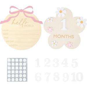 Wooden Baby Announcement Sign & Baby Monthly Milestone Sign Set, Birth Announcement & 1-12 Months Interchangeable Discs for Newborn Girls Photo Props (White Numbers)