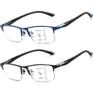 CARA Ultra Lightweight Progressive Multifocus Reading Glasses Men, Metal Frame Flexible TR90 Bi-color Temples with Blue Light/UV400 Protection Multifocal Computer Readers(Black+Blue, +2.50)