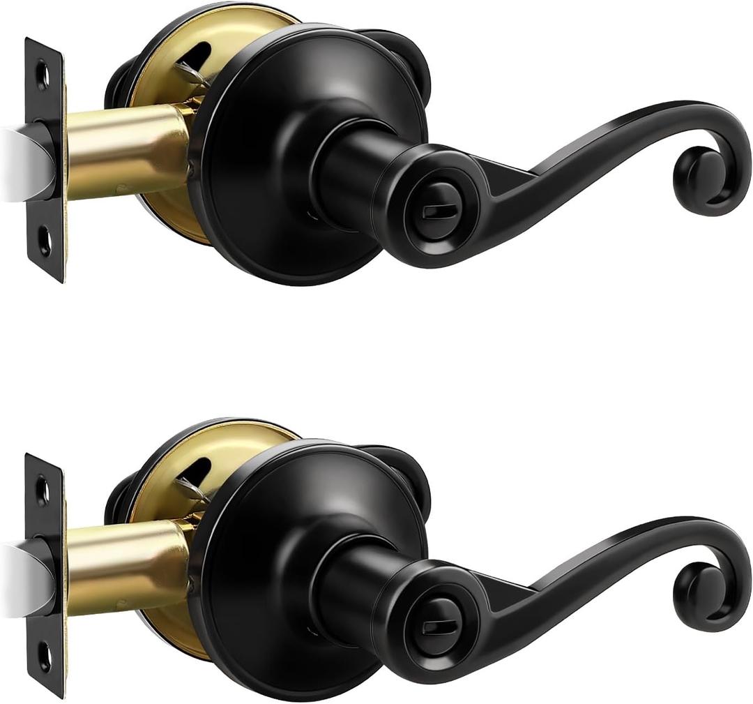 2 Pack Black Matte Interior Door Handle with Lock, Modern Contemporary Style Door Lever for Bedroom and Bathroom, Sleek And Crisp Look