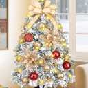 MARTINE MALL 2FT Pre-Decorated Small Christmas Tree with Lights, Artificial Tabletop Mini Christmas Tree Snowy Flocked Xmas Trees with Gold Poinsettia Bow Ball Ornaments for Table Desk Small Space