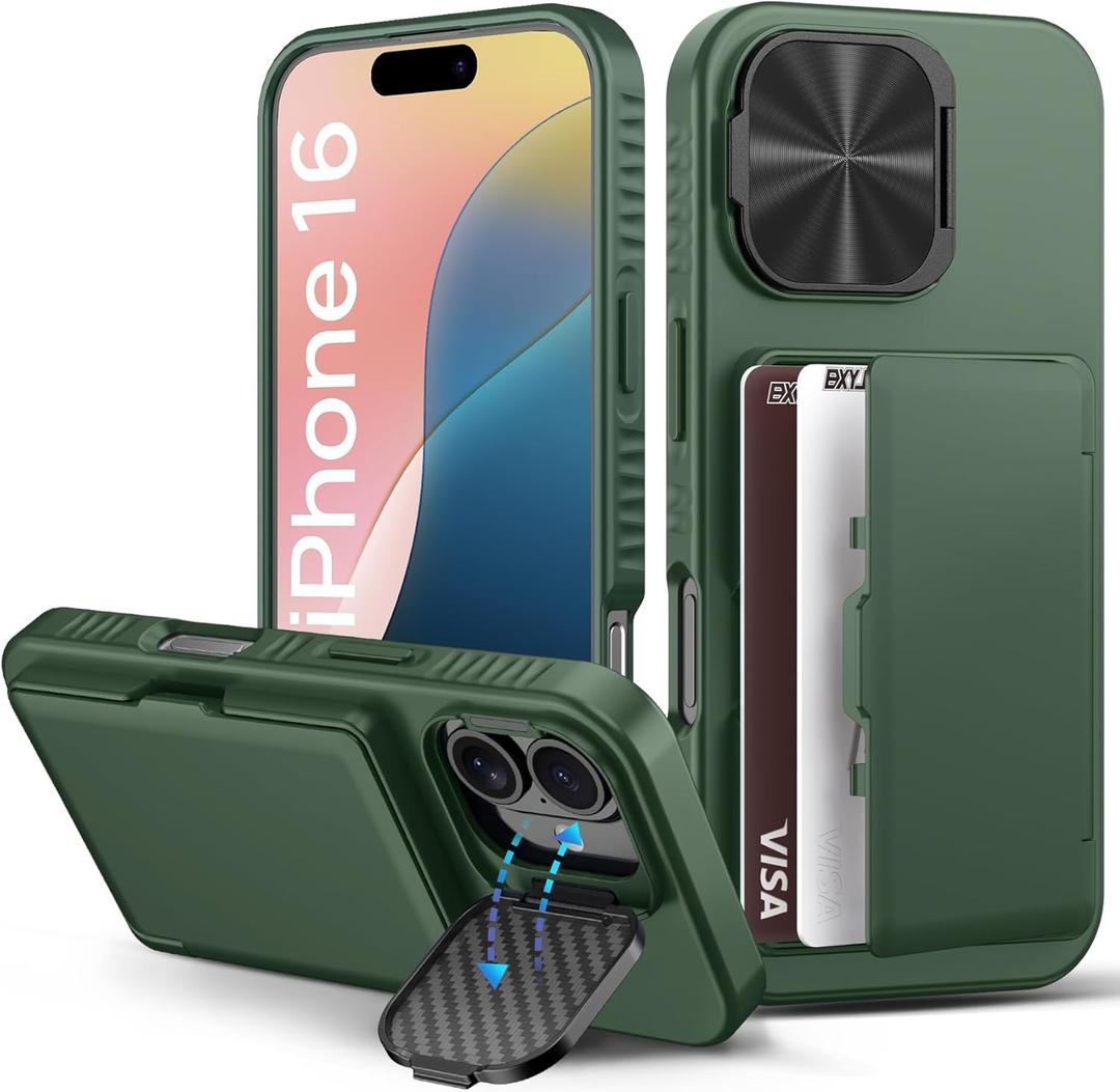for iPhone 16 Wallet Case with Stand, Built-in Credit Card Holder (4-5 Cards), Protective Camera Cover, Military Grade Protection, Rugged Heavy Duty Silicone Men Women Case for iPhone16, Green