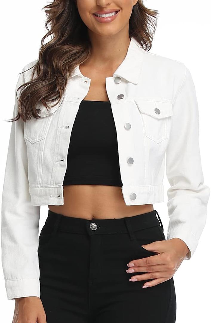 PEIQI Womens Cropped Jean Denim Jacket Button Down Long Sleeve with Pockets, Size: Medium