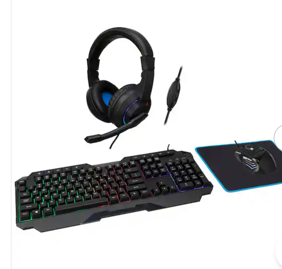 4-in-1 Gaming Bundle, Gaming Keyboard, Gaming Mouse, Gaming Headset, and Desk Pad Included, Black