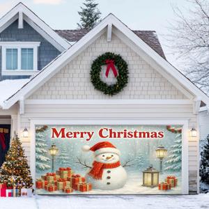 Christmas Garage Door Cover 13x6ft Snowman Banner Red Scarf Gift Boxes Winter Snow Scene Holiday Backdrop Street Lantern Festive Porch Decoration Outdoor Indoor Seasonal Wall Display