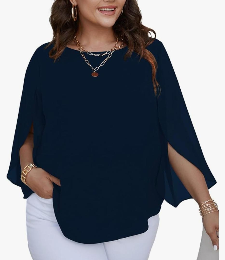 SCOMCHIC Plus Size Blouses for Women Summer Chiffon 3/4 Sleeve Tunic Tops Dressy Scoop Neck Casual Loose Flowy Shirts 2XL
