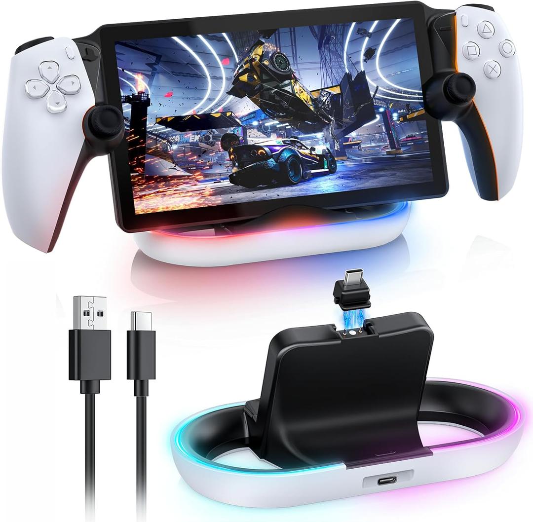 FASTSNAIL Charging Stand for PS Portal Compatible with Hard/Soft Cover, RGB Charge Station for TPU/EVA/Silicone Protective Case When Charging, Charge Holder for PlayStation 5 Portal (Black/White)