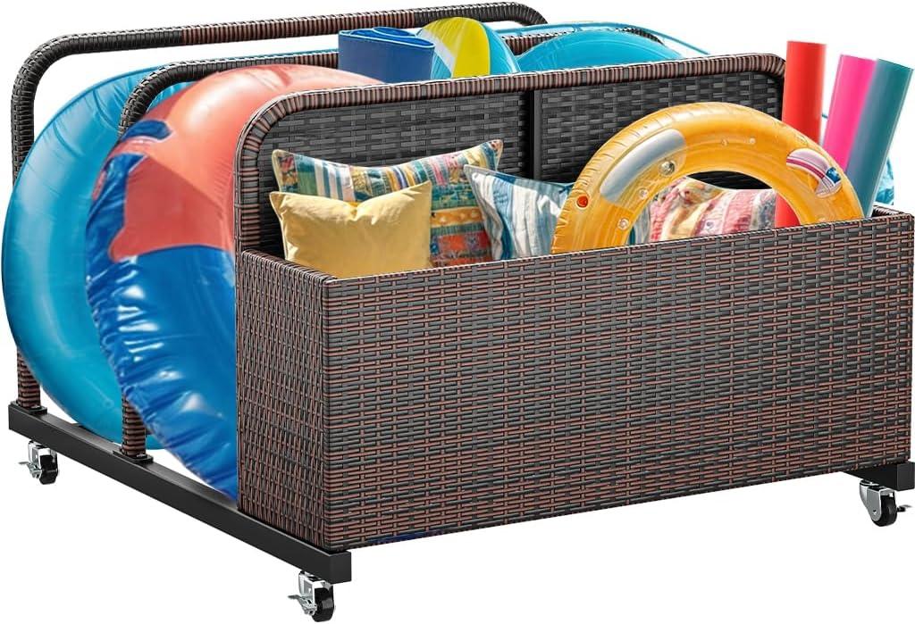 YITAHOME Outdoor Wicker Patio Poolside Float Storage, PE Rattan Rolling Pool Float Caddy for cushions, Floaties, Noodles, Life Vests, Beach Balls, Toys, Patio Furniture (Brown)
